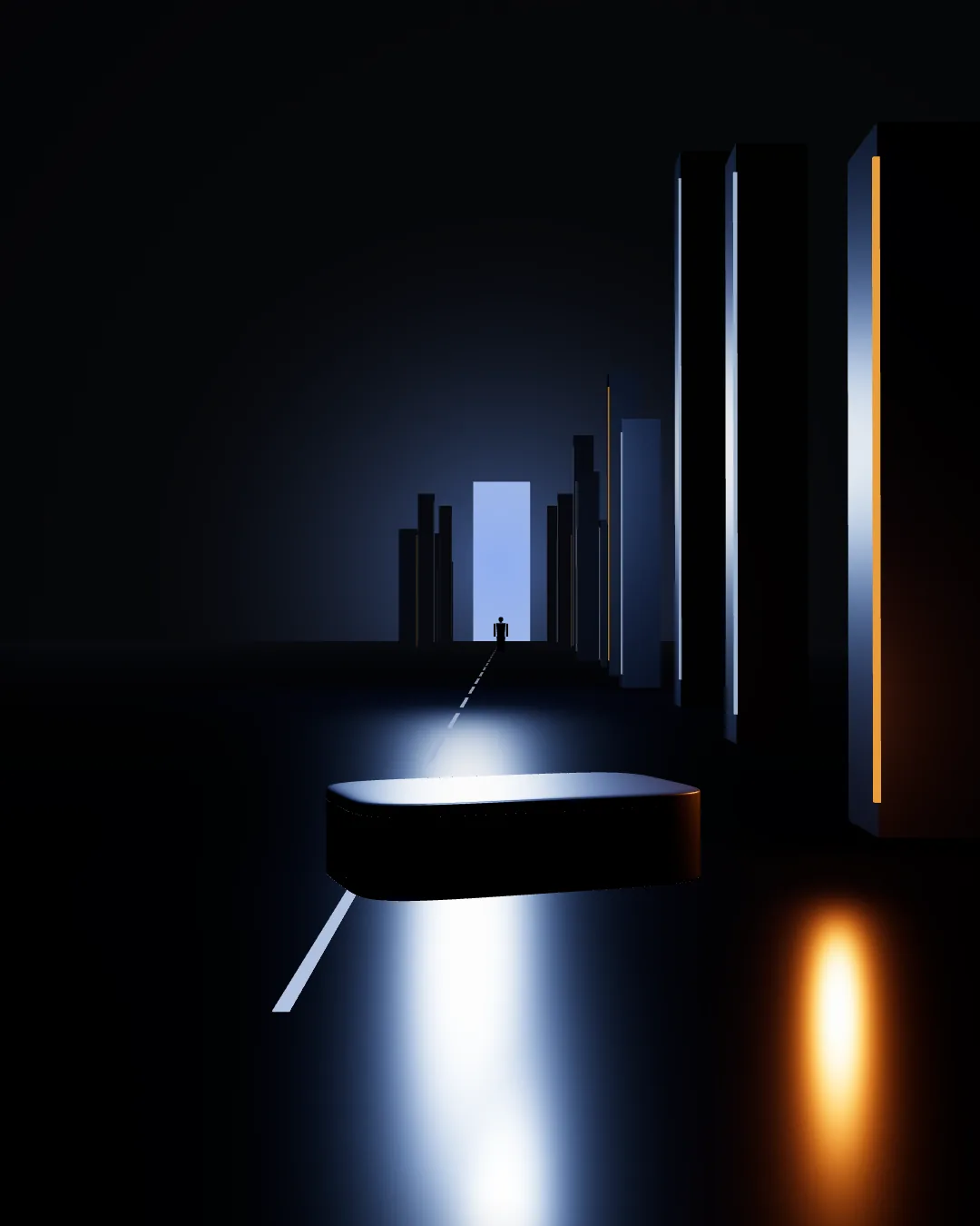 Concept art: a lit simulated hall with a distant figure and the Mindforge enclosure.