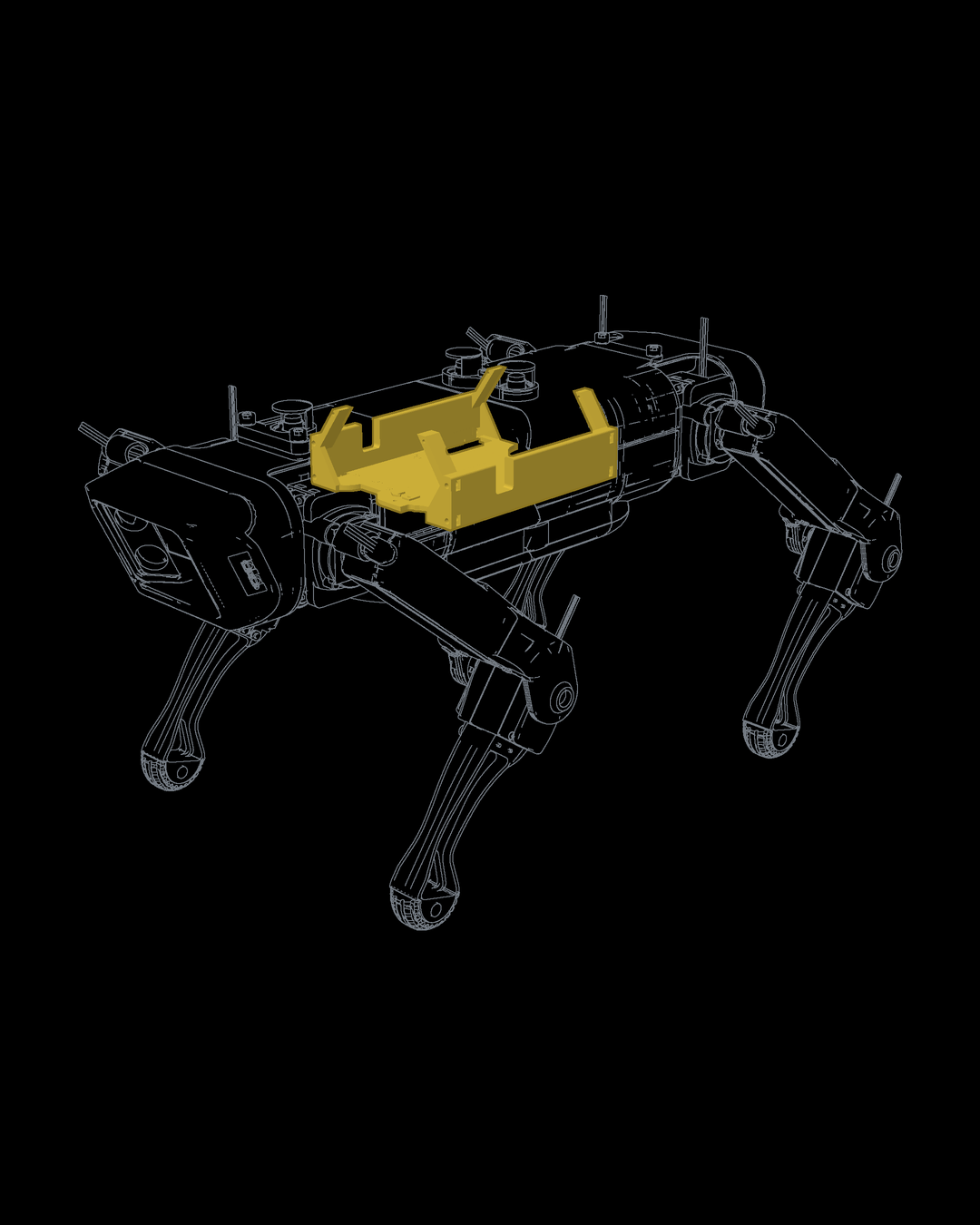 Wireframe 3D model of the NOVA SM3 robot dog with the printed chassis trunk highlighted in yellow at the centre of the body.